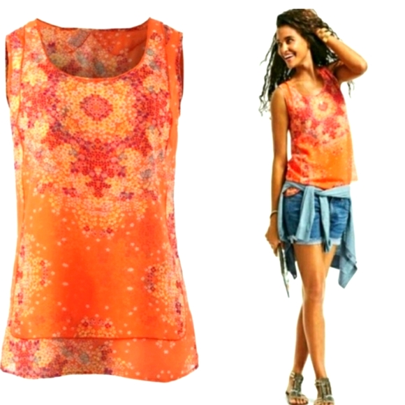 CAbi Tops - CAbi Blouse Tank Top Tunic Merrow Edge Chiffon 268 Sheer Orange  Coral Floral L